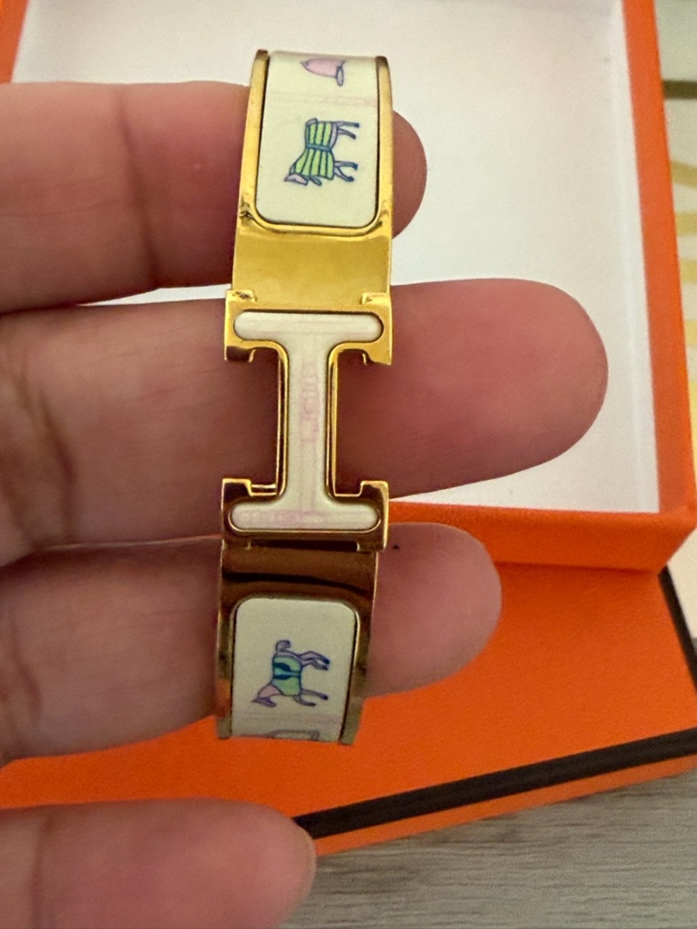 Hermes Gold and White Enamel Bracelet with Multicolor Motifs - Picture 4 of 7
